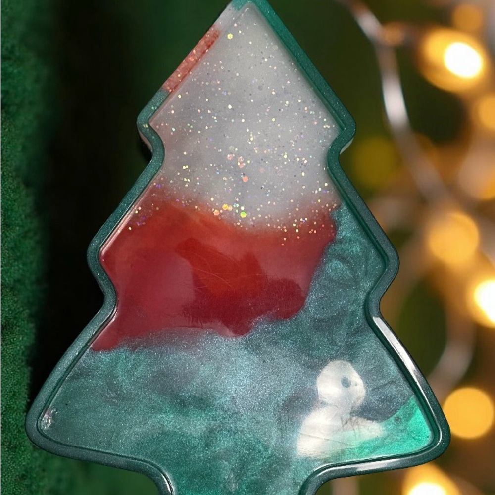 Large Handmade epoxy resin Holiday tree trinket tray